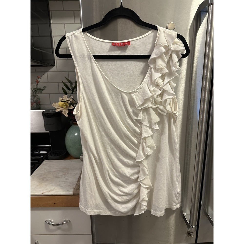 Tuxedo Inspired Top Trending Ruffle V-neck Cream Elle SzXL